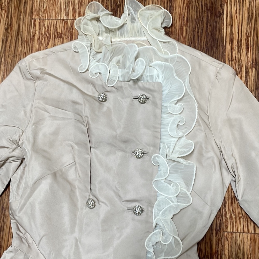 Vintage Mr. Frank New York tan ruffle trim jacket style wrap dress size 12 - Picture 5 of 16